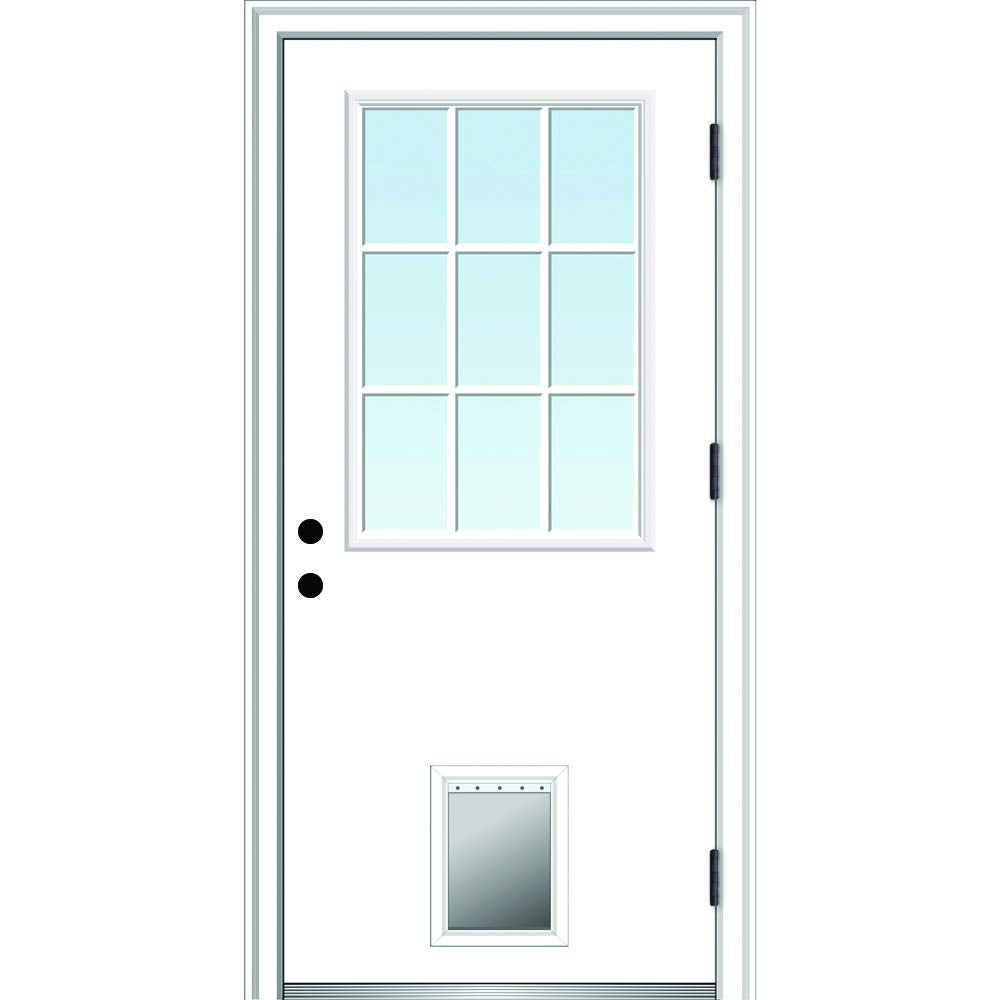 Primed Left Hand Outswing 9 Lite Prehung Front Door with Pet Door Y525160
