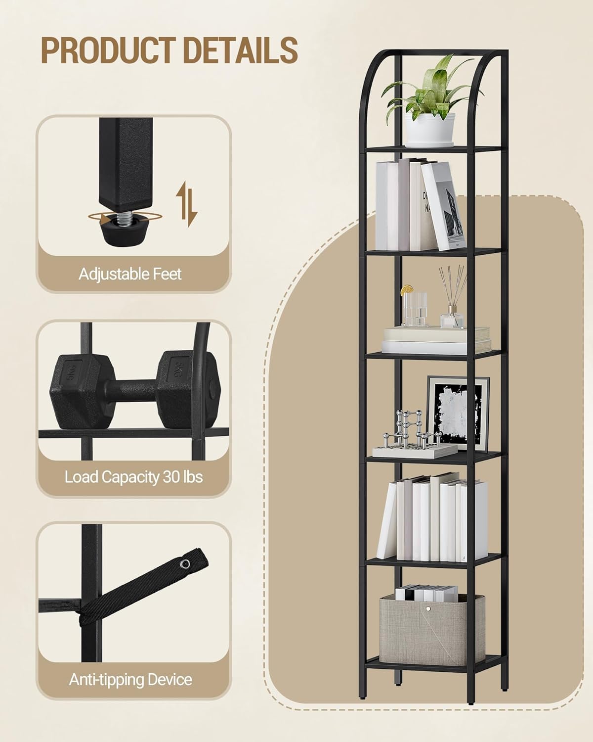 Narrow Bookshelf with Steel Frame E989