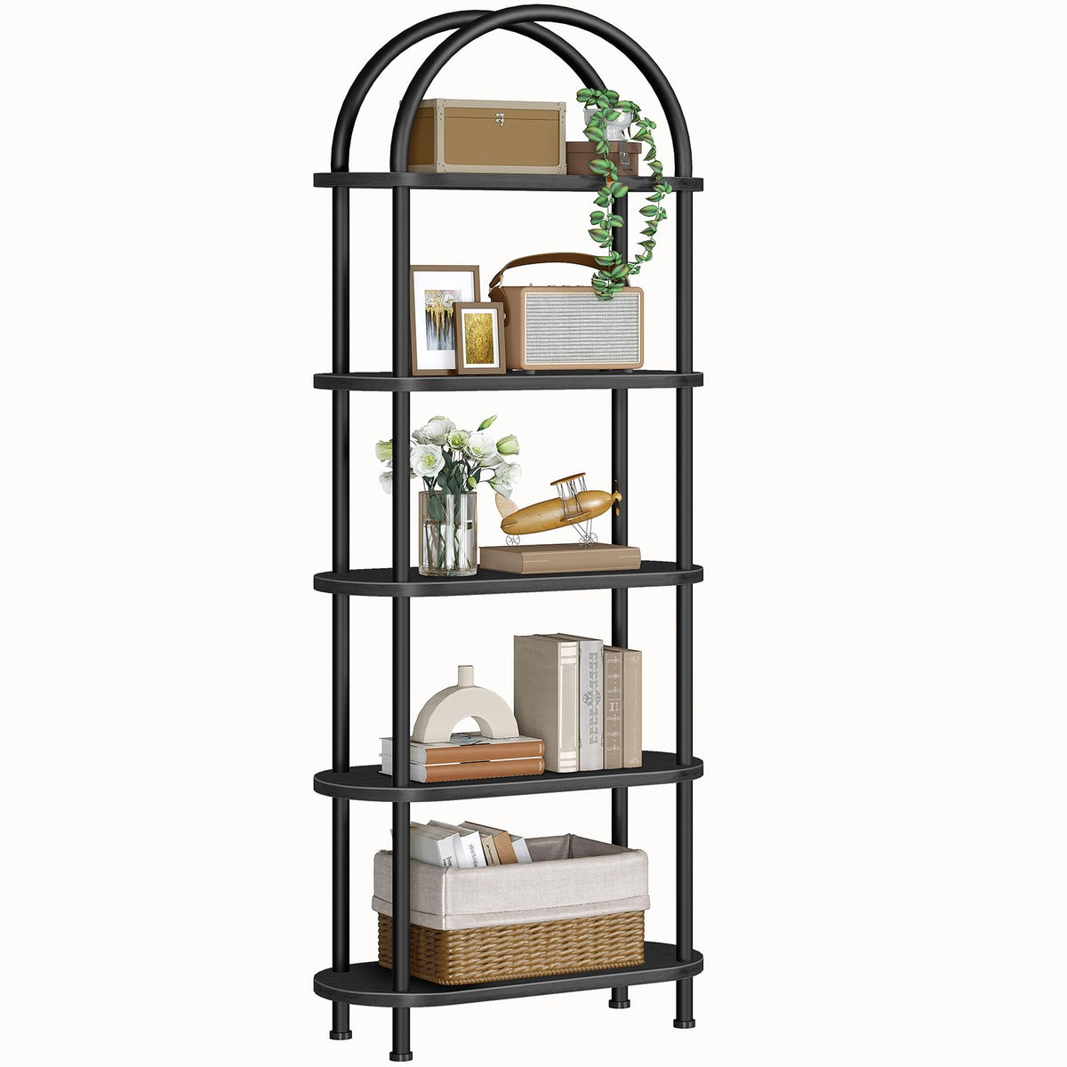 5 Tier Arched Wooden Bookshelf Metal Frame L3012
