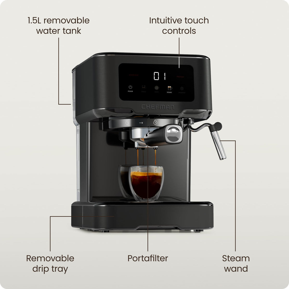 15 Bar Digital Espresso Machine with Steam Wand F729
