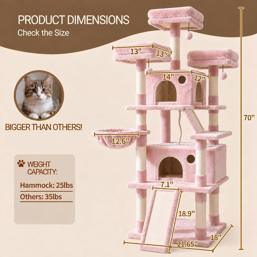 70 Inch Tall Multi-Level Cat Tree Tower with Scratching Posts, Hammock & Perches A259