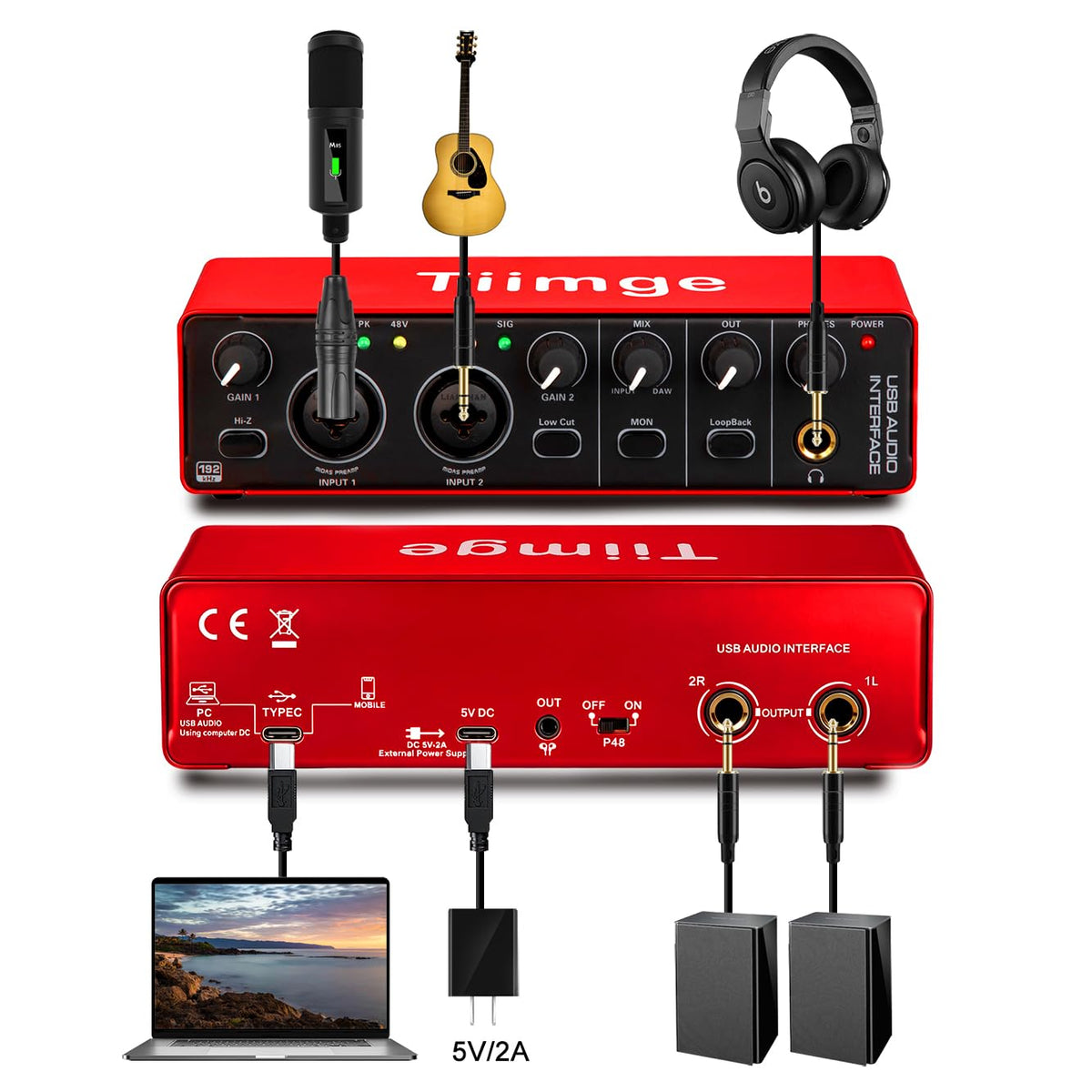 USB Audio Interface with 48V Phantom Power, 24Bit/192kHz, XLR/TRS Inputs F26834