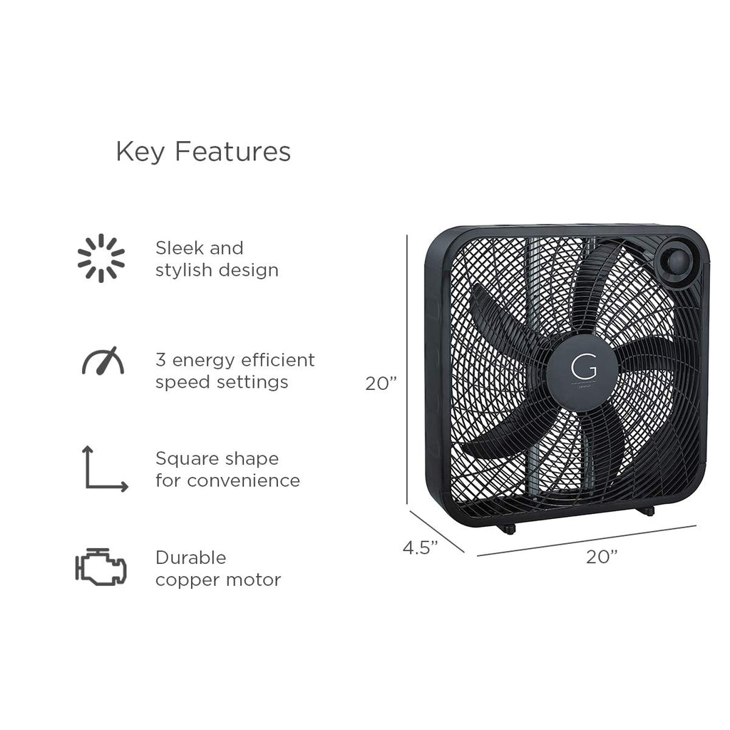 20" Box Fan, 3 Settings, Carry Handle, Black K47762
