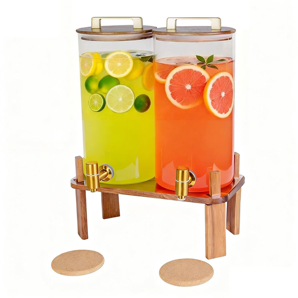 2 Pack 1.5 Gallon Glass Beverage Dispenser with Wooden Lid E54726