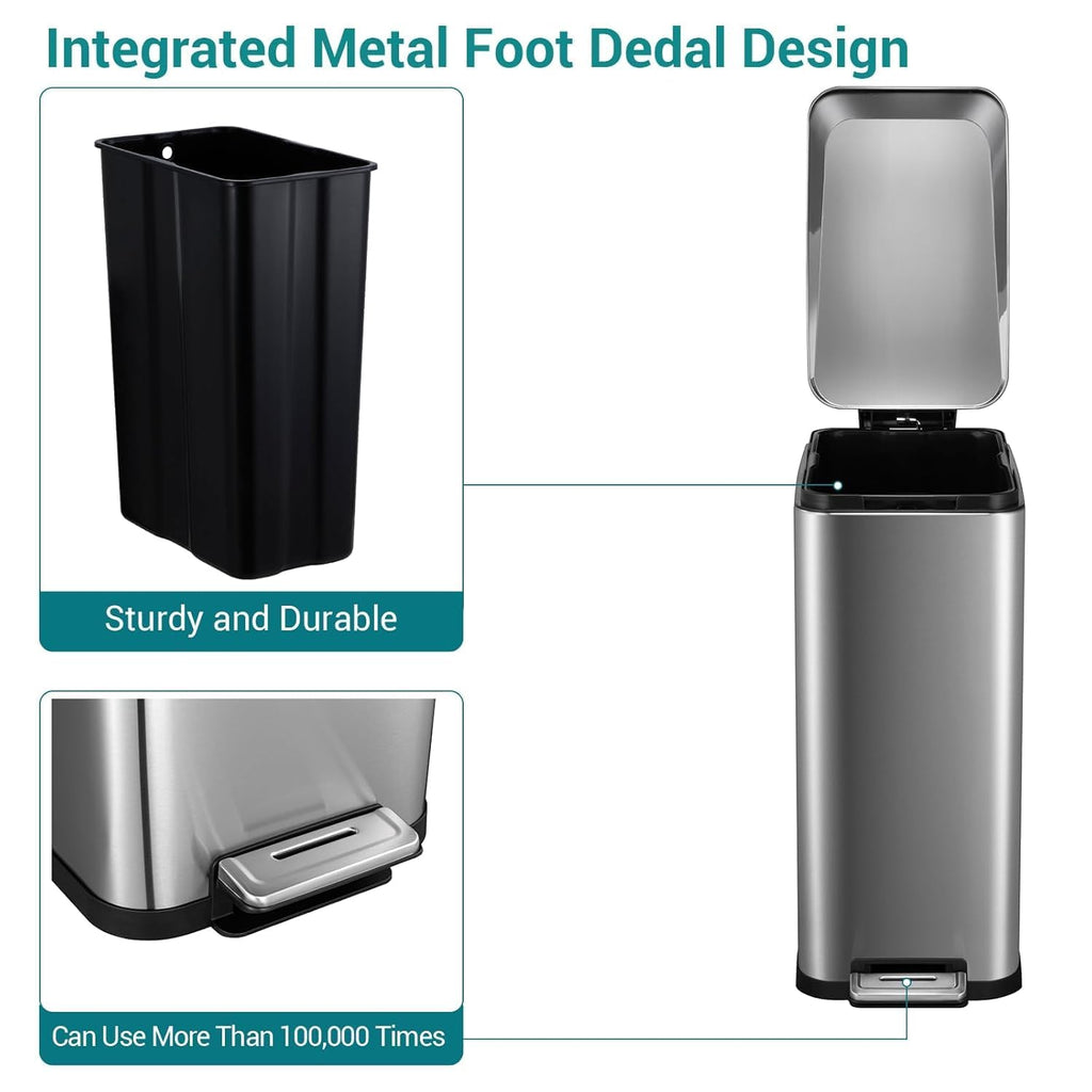 50L Slim Stainless Steel Step Trash Can with Soft-Close Lid W368