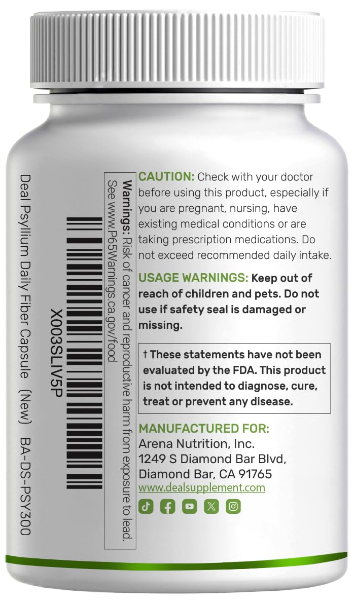 Psyllium Husk 1500mg 300 Capsules 3 in 1 Fiber Supplement W9197