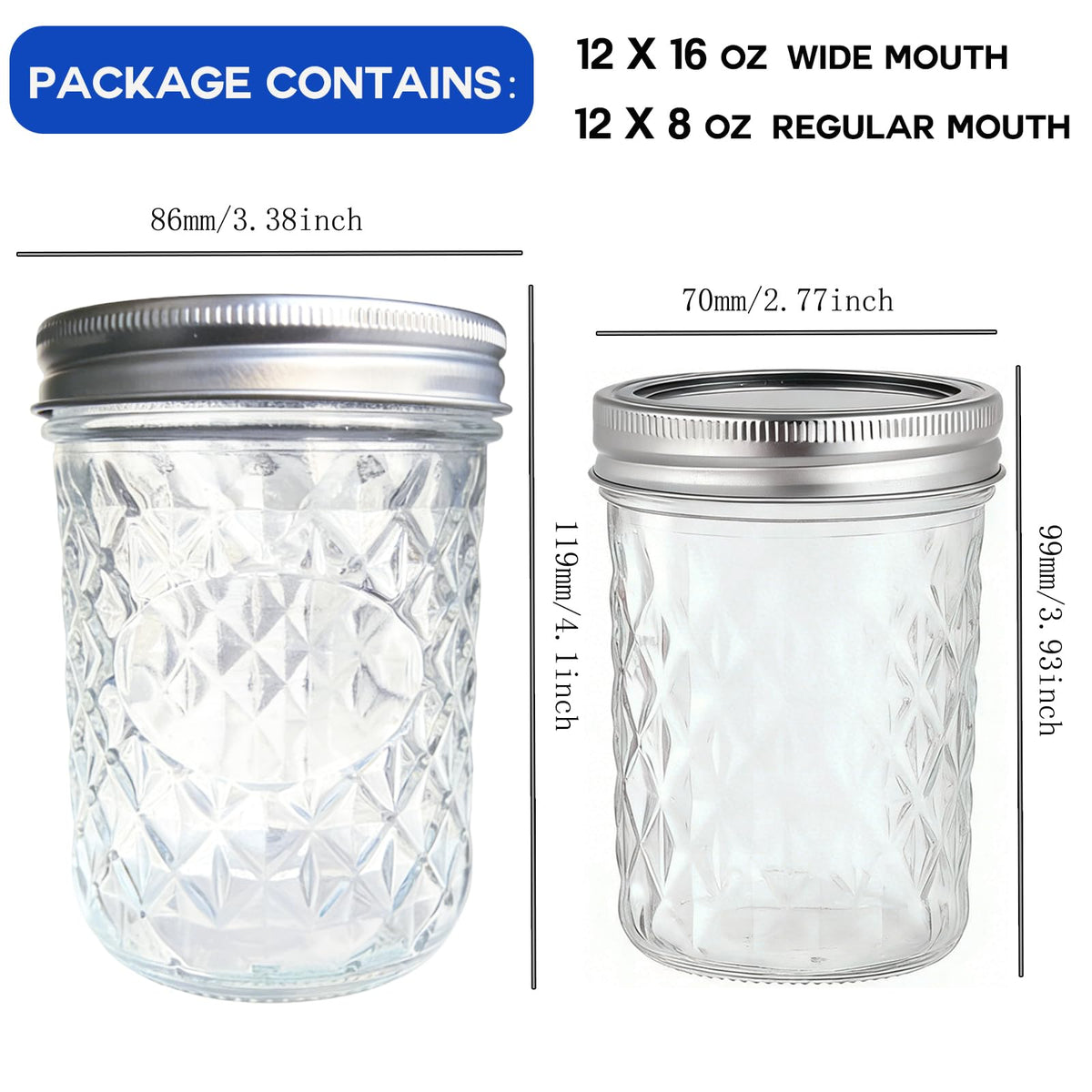 8oz & 16oz 24 Pack Canning Glass Jars with Airtight Lids L4981