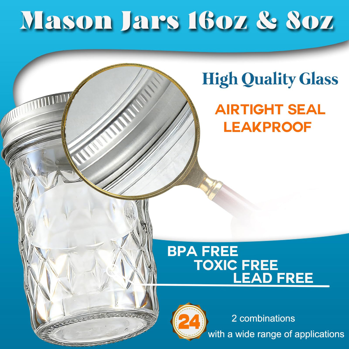 8oz & 16oz 24 Pack Canning Glass Jars with Airtight Lids L4981