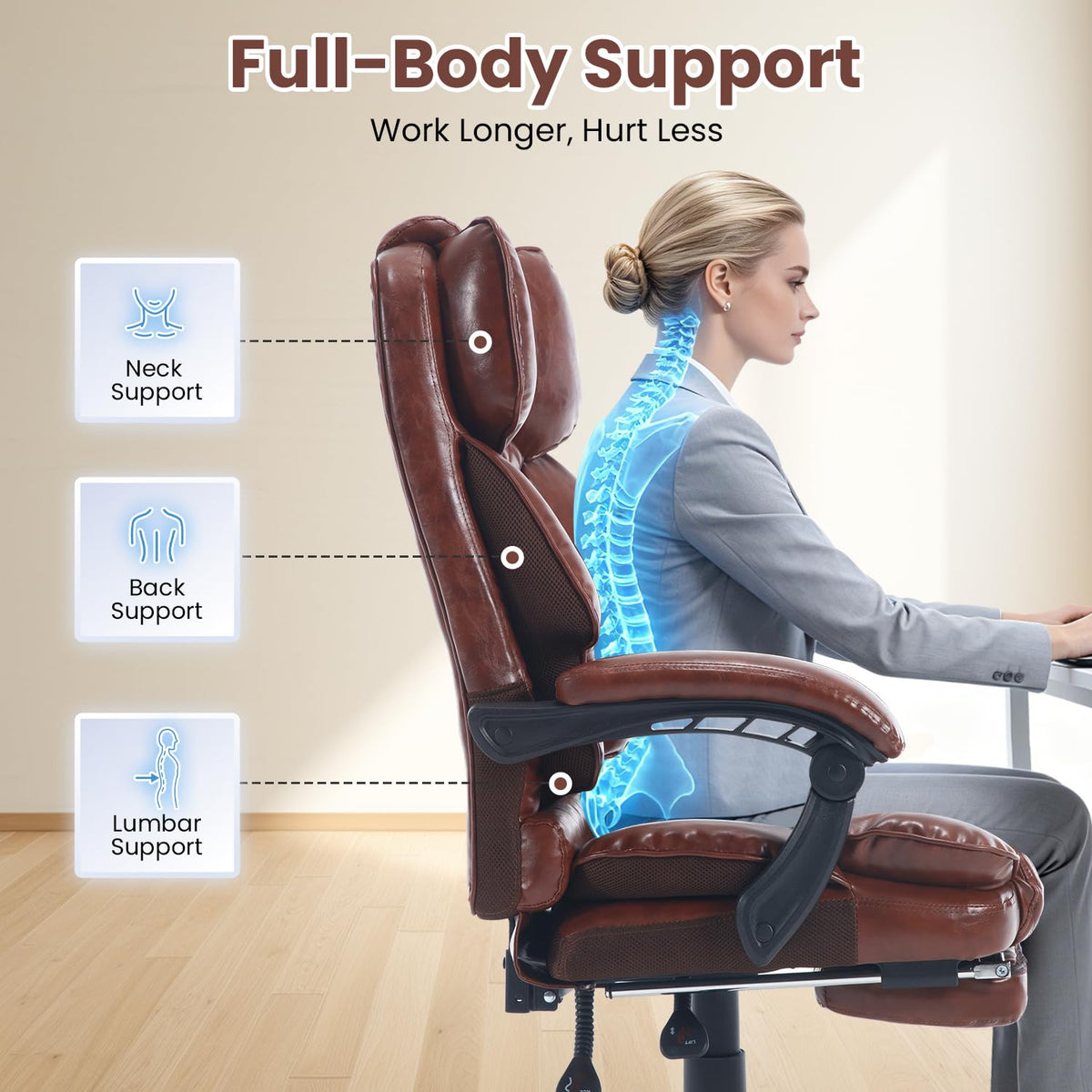 Brown Reclining Ergonomic Office Chair with Footrest O884712