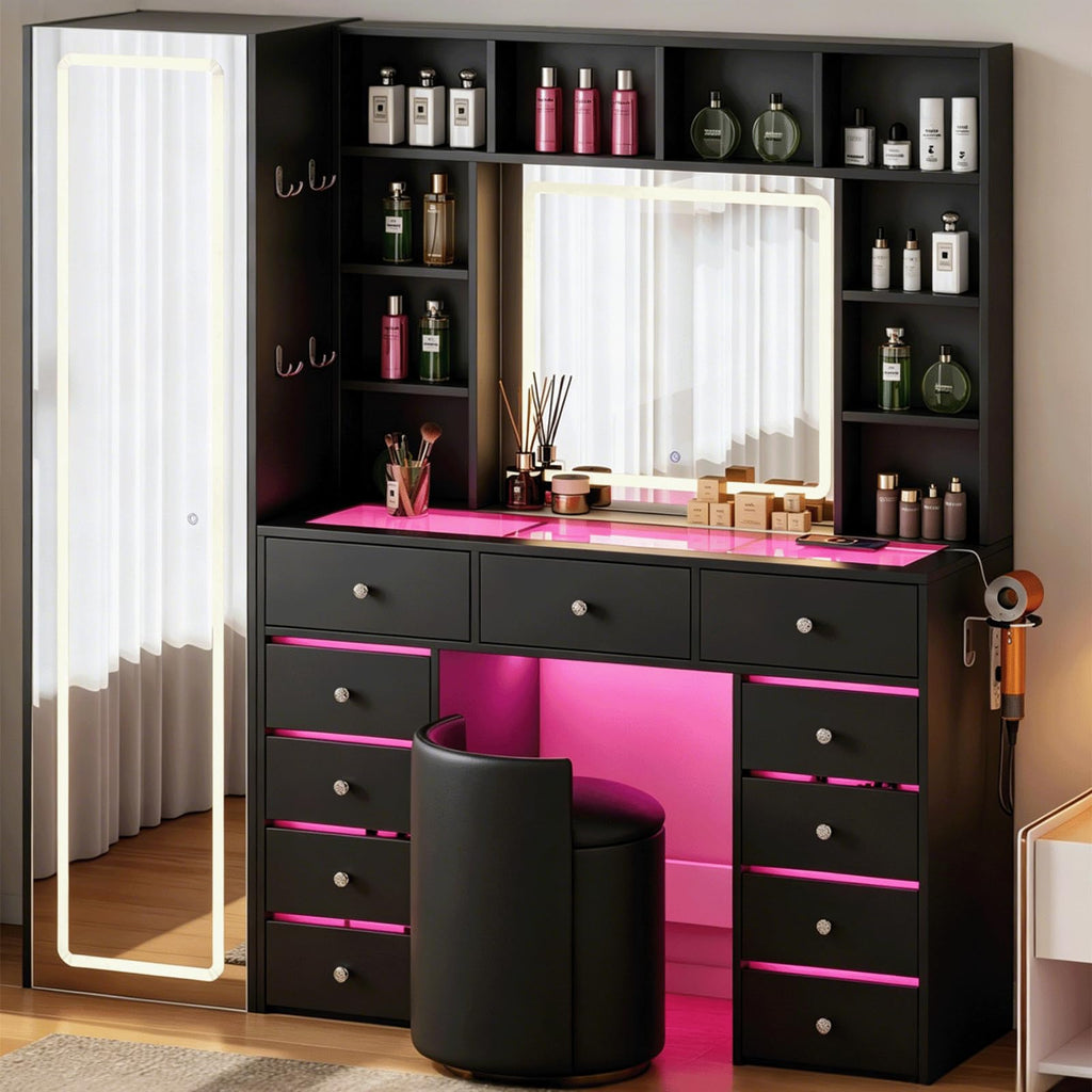 Full Length Mirror Vanity Desk with LED Mirror and 11 Drawers O63216