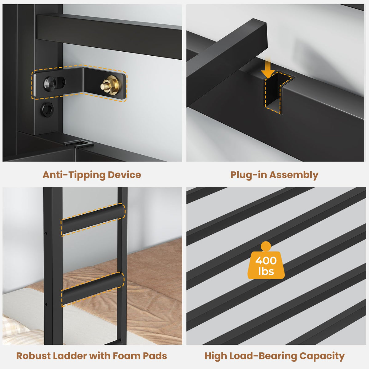 Twin Over Twin Bunk Bed with 8 Storage Drawers and Power Outlets, LED Metal Bunk Bed with Ladder, Black Y52472