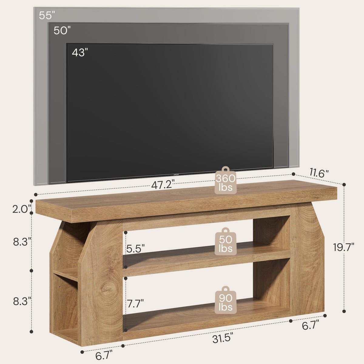 Oak 3-Tier Wood TV Stand for 55 Inch TV E816626