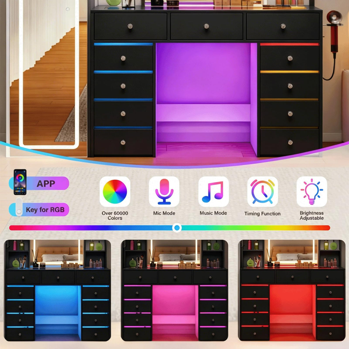 Full Length Mirror Vanity Desk with LED Mirror and 11 Drawers O63216
