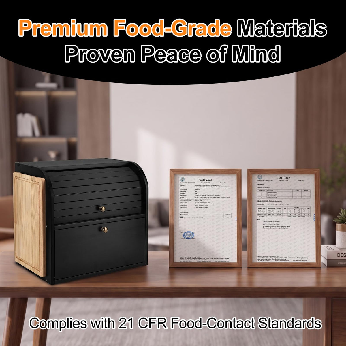 Black Roll Top Bread Box with Cutting Board P90350