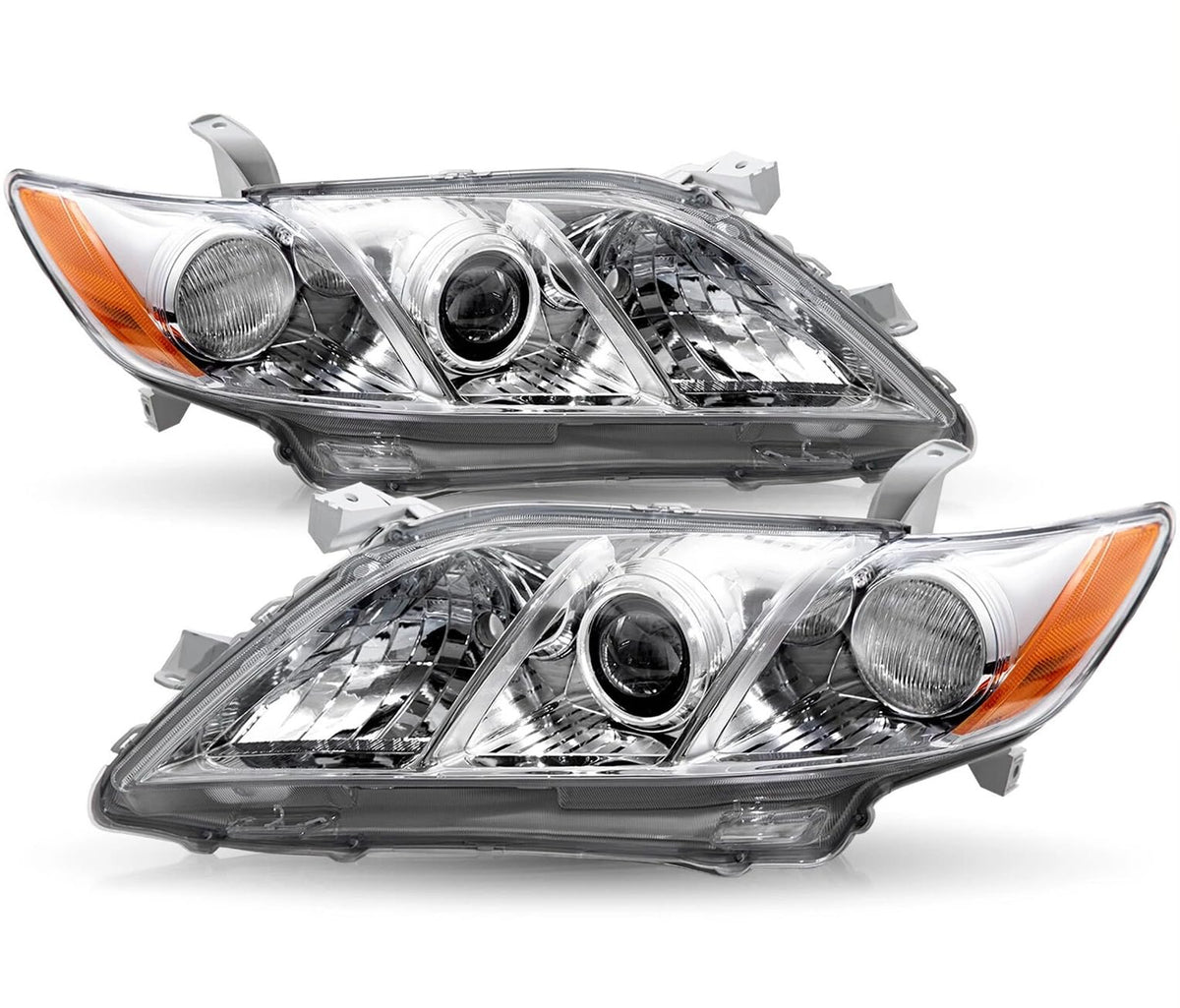 Pair Headlights Assembly Compatible With 2007-2009 Toyota Camry Driver Passenger Side Halogen Chrome Housing Clear Lens C80966