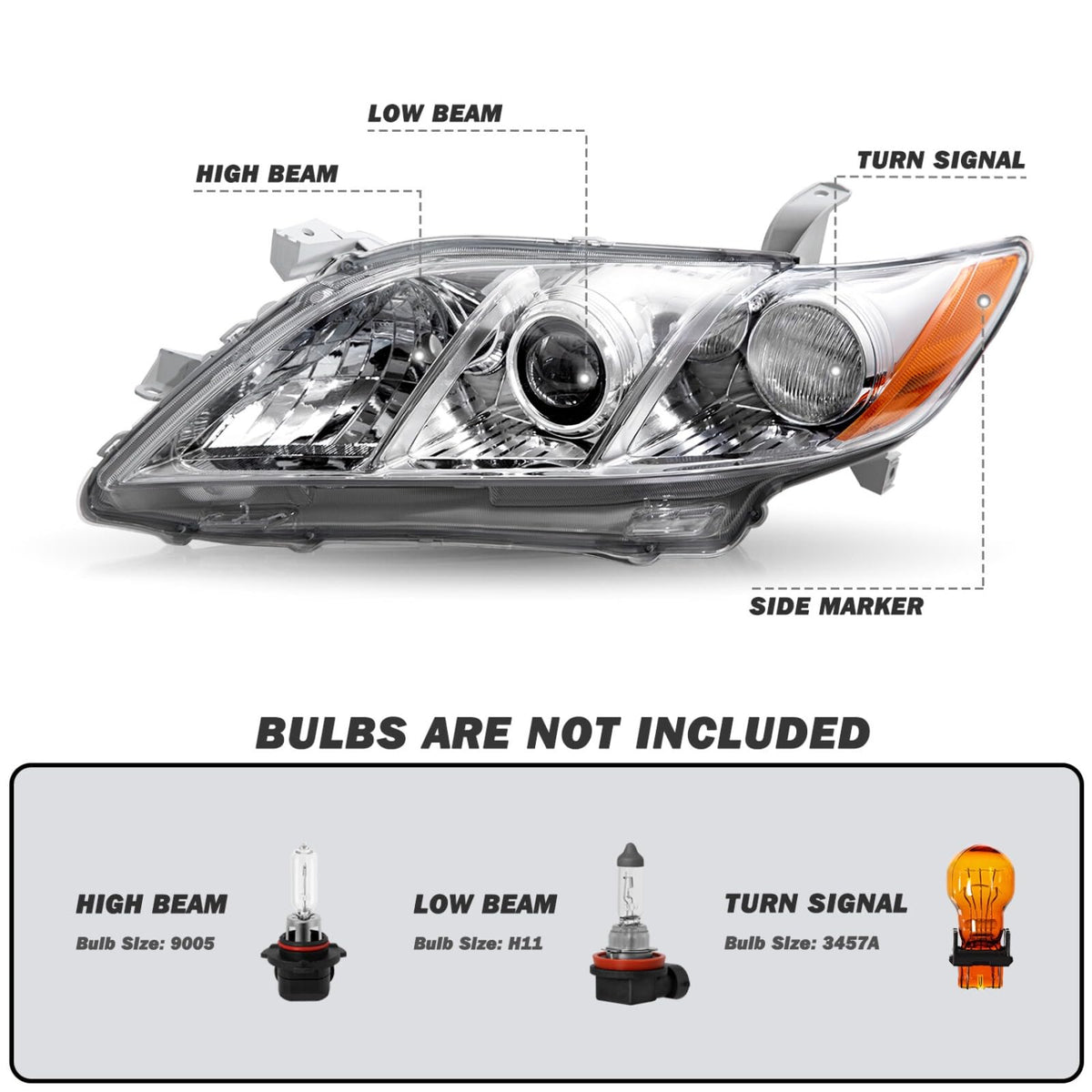 Pair Headlights Assembly Compatible With 2007-2009 Toyota Camry Driver Passenger Side Halogen Chrome Housing Clear Lens C80966