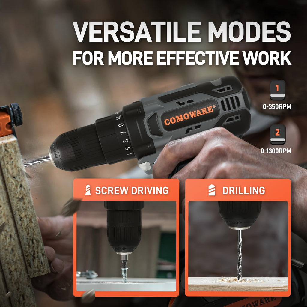Cordless Drill Set 20V 3/8" Keyless Chuck 2 Variable Speed Orange H306