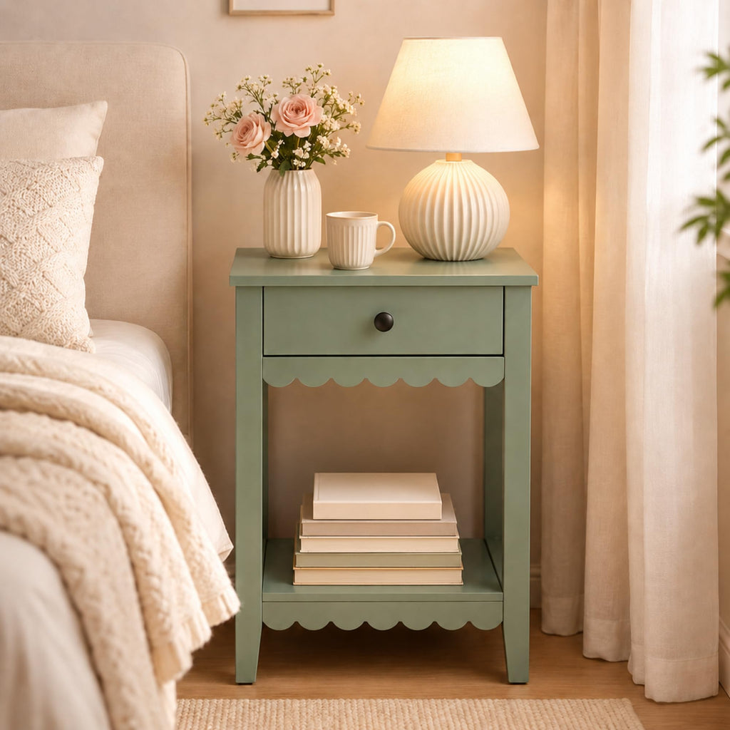 Scalloped Nightstands Side End Table with Drawer & Open Shelf F49307