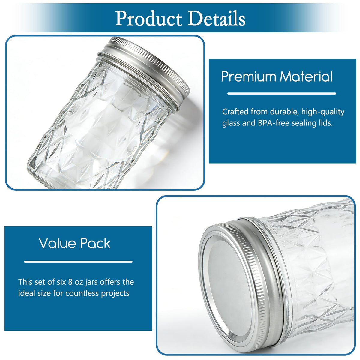 8oz & 16oz 24 Pack Canning Glass Jars with Airtight Lids L4981
