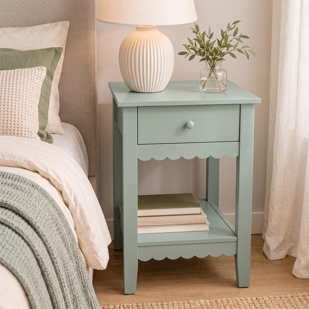 Scalloped Nightstands Side End Table with Drawer & Open Shelf F49307