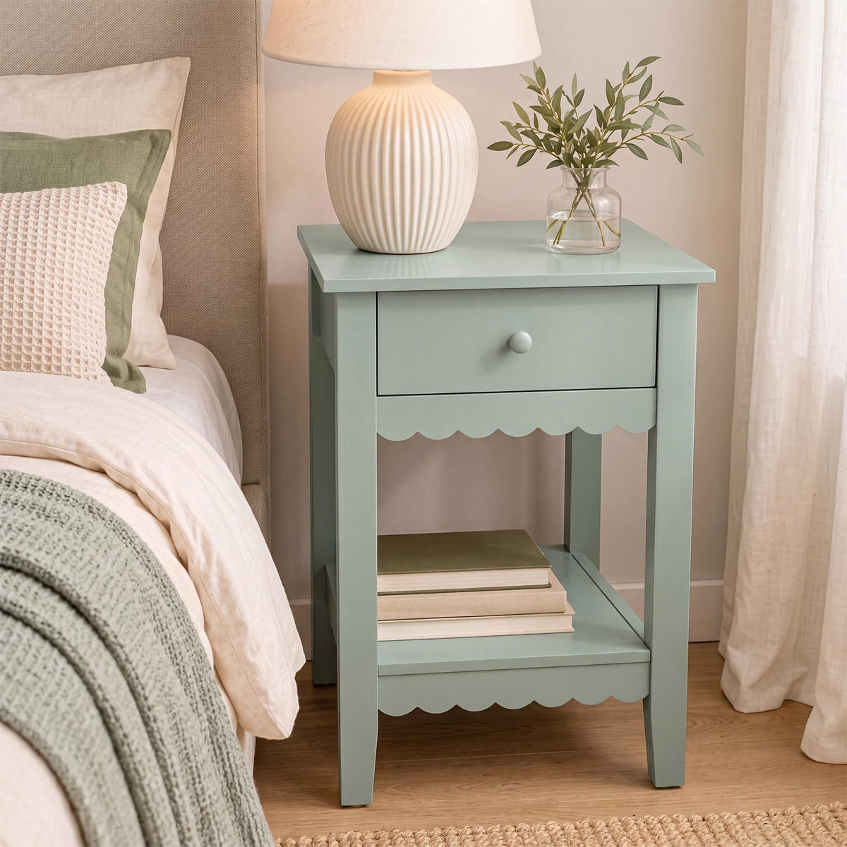 Scalloped Nightstands Side End Table with Drawer & Open Shelf F49307