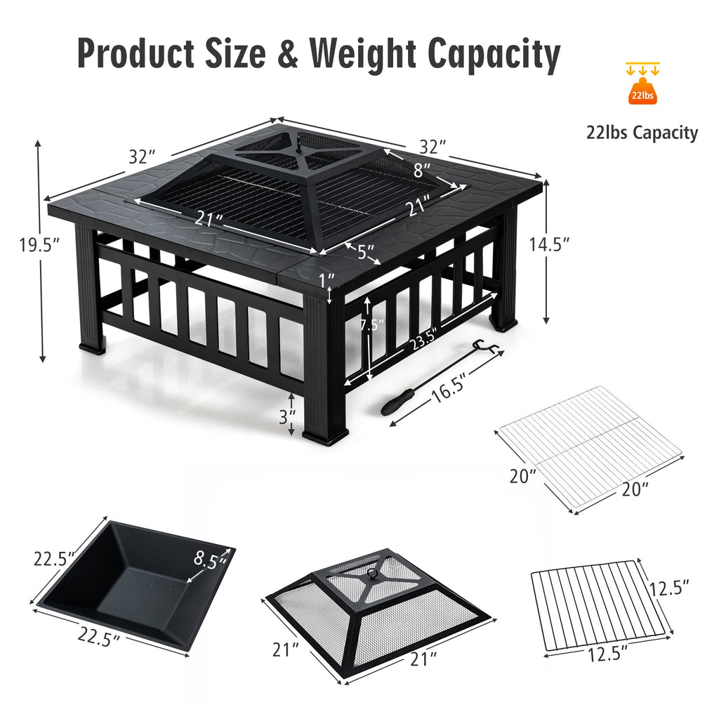 32 inch 3 in 1 Wood Burning Fire Pit Table with BBQ Grill W358579