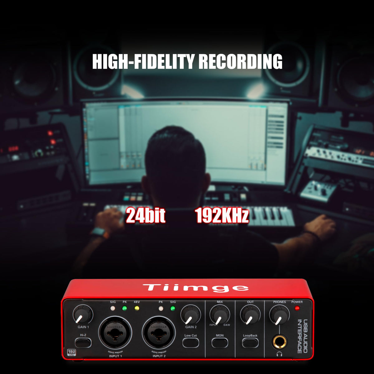 USB Audio Interface with 48V Phantom Power, 24Bit/192kHz, XLR/TRS Inputs F26834