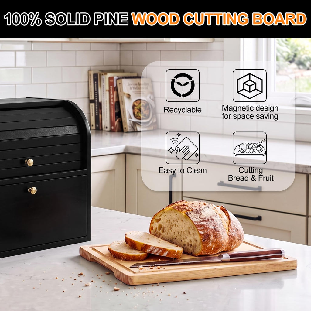 Black Roll Top Bread Box with Cutting Board P90350