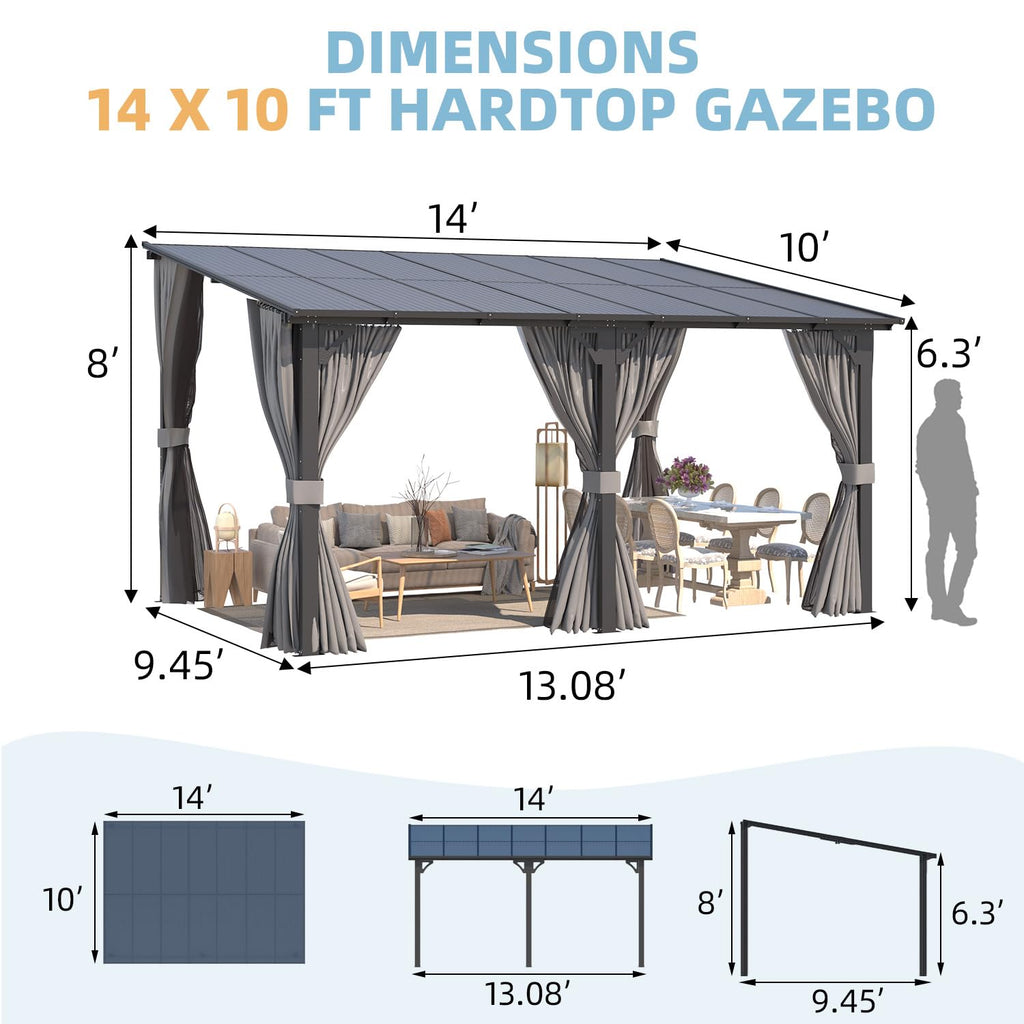 14' x 10' Hard Top Lean to Gazebo with Curtains and Mosquito Netting V19272