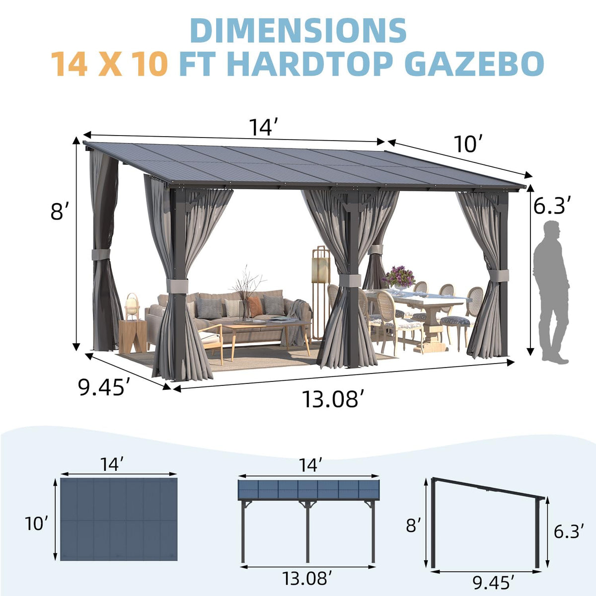 14' x 10' Hard Top Lean to Gazebo with Curtains and Mosquito Netting V19272