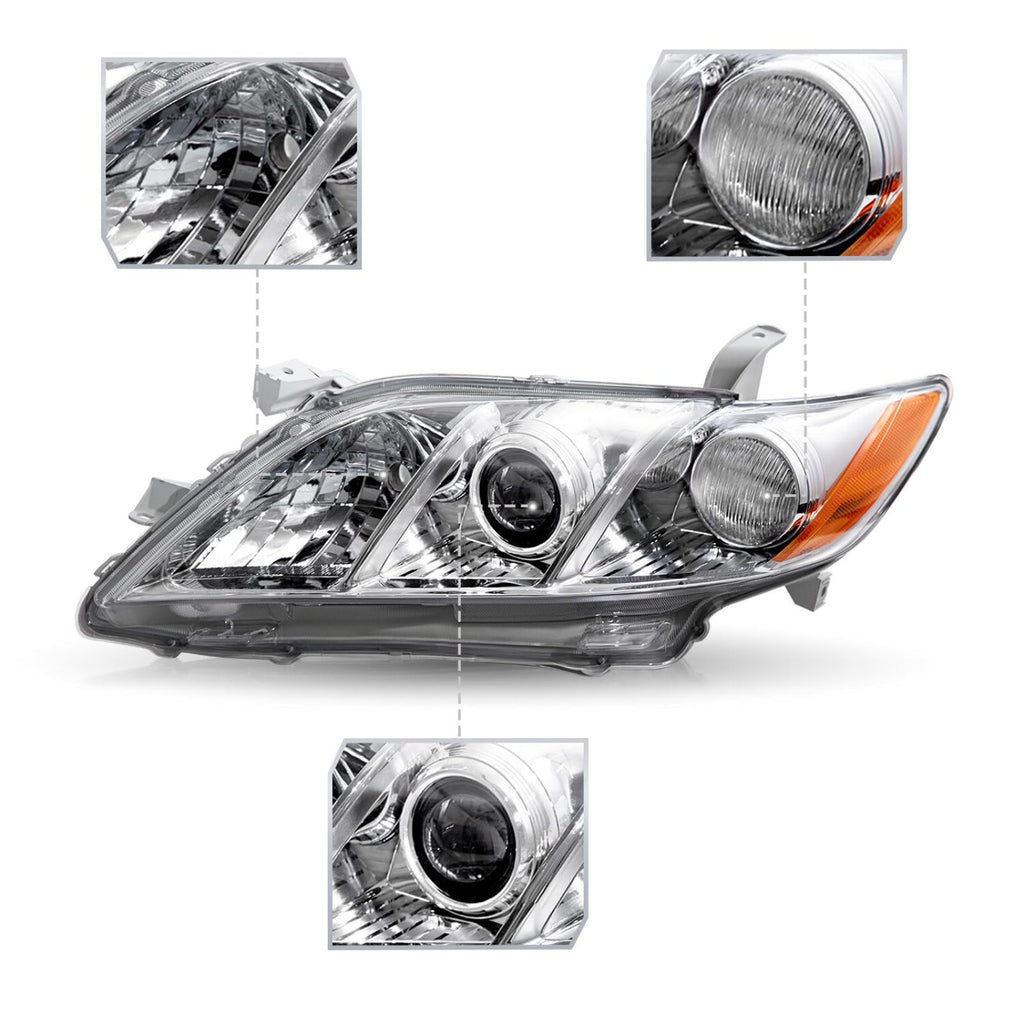 Pair Headlights Assembly Compatible With 2007-2009 Toyota Camry Driver Passenger Side Halogen Chrome Housing Clear Lens C80966