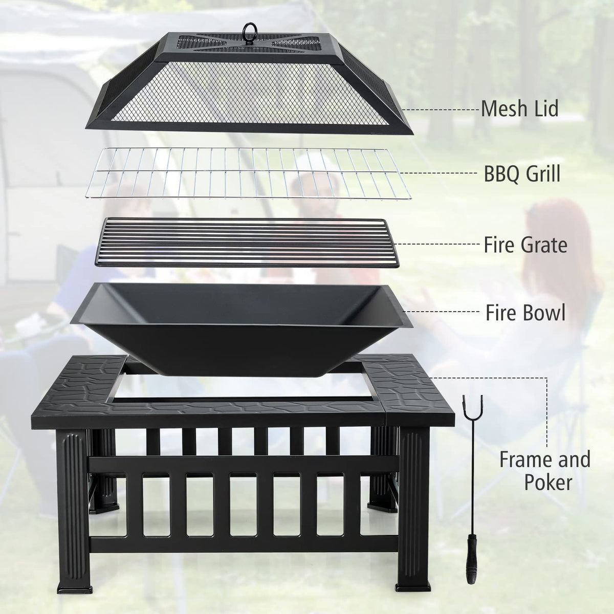 32 inch 3 in 1 Wood Burning Fire Pit Table with BBQ Grill W358579