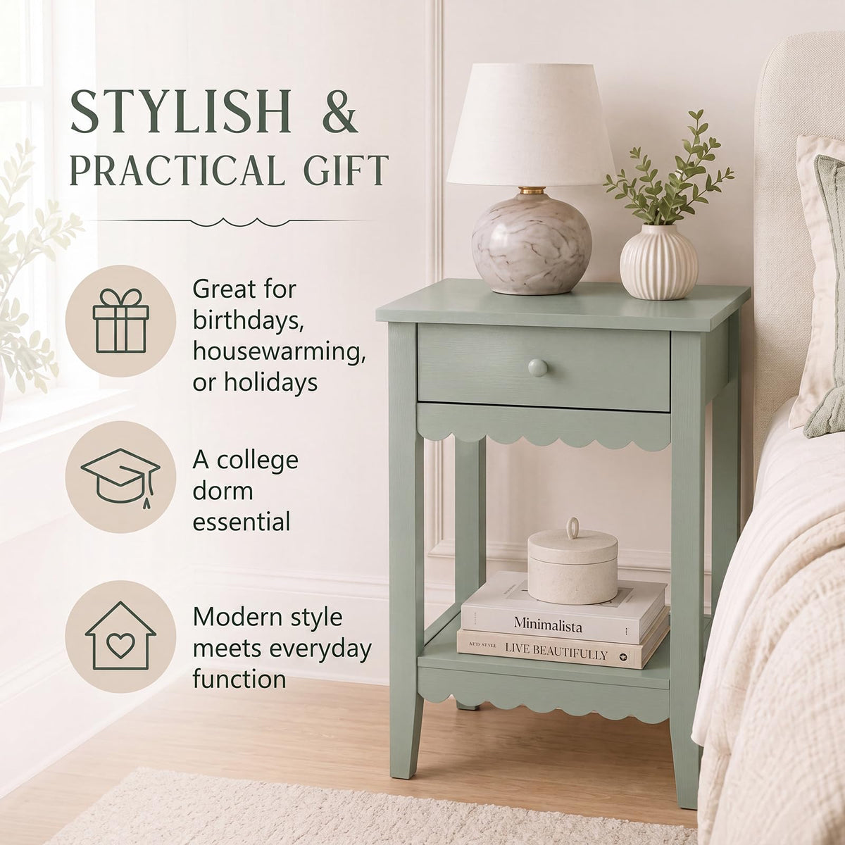 Scalloped Nightstands Side End Table with Drawer & Open Shelf F49307