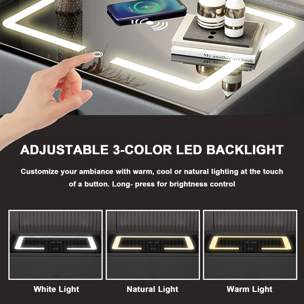 White 3 Drawer LED Nightstand with Wireless Charging T685022