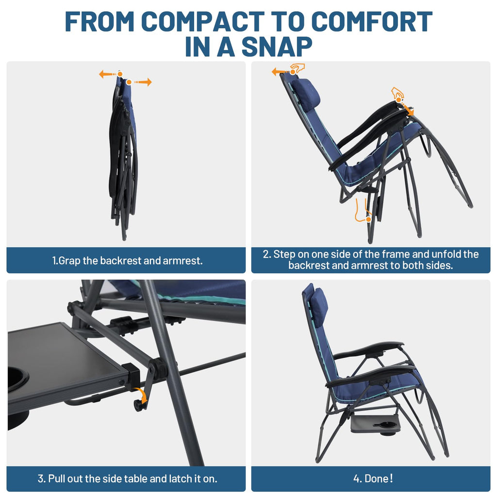 Oversized Zero Gravity Reclining Chair with Side Table, Blue 2 Pack Y20710