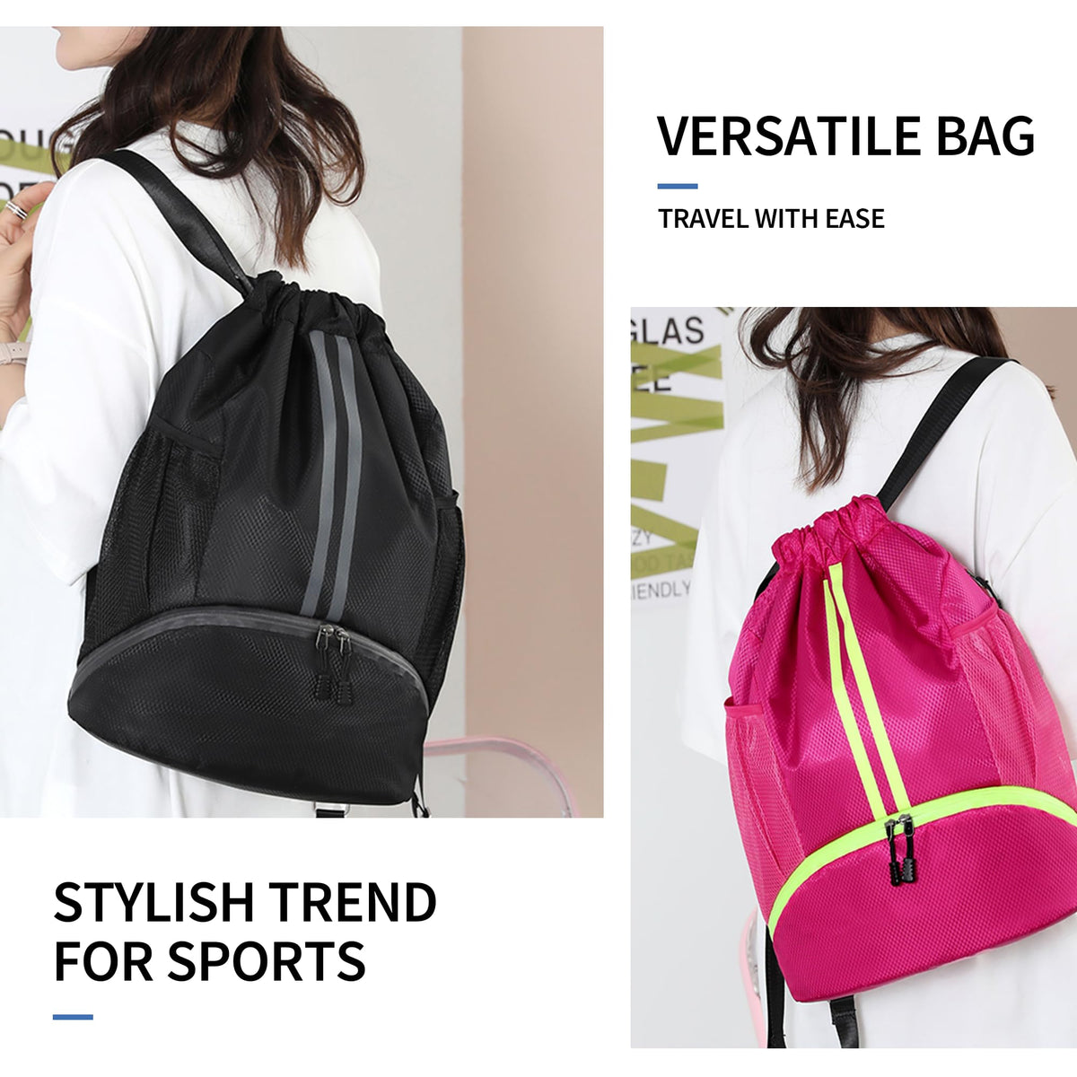 Drawstring Backpack Gym Bag with Shoes Compartment R296212