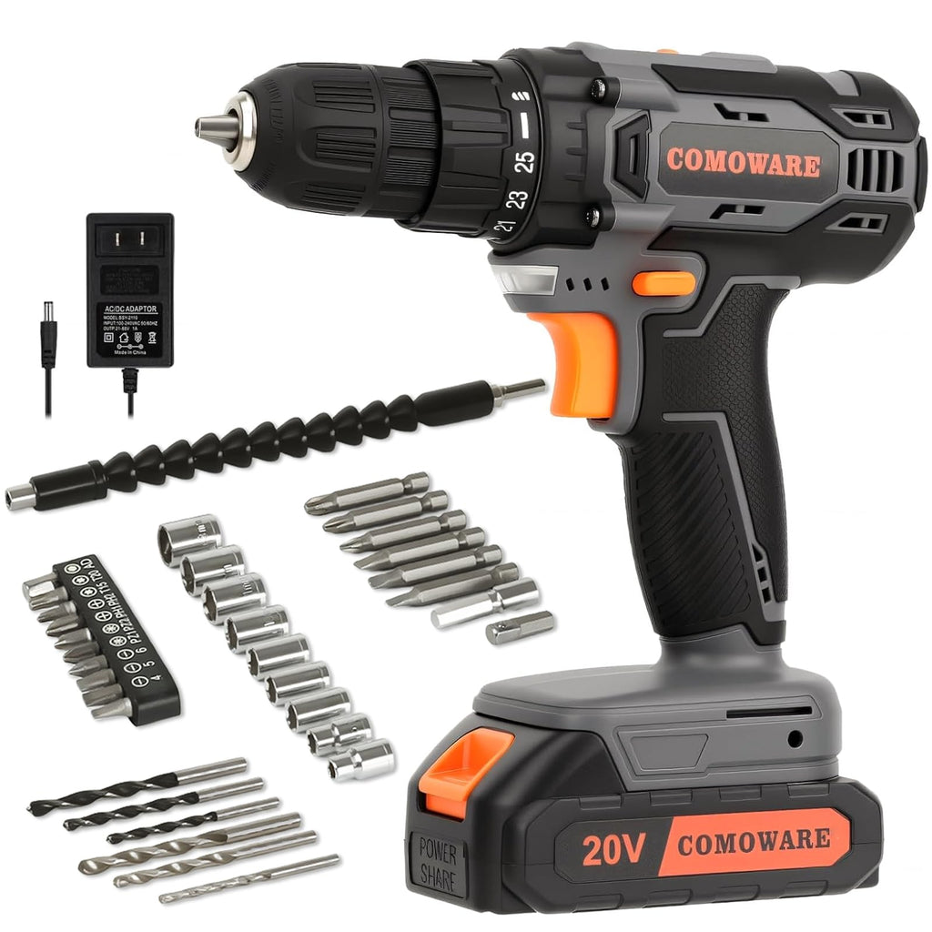 Cordless Drill Set 20V 3/8" Keyless Chuck 2 Variable Speed Orange H306
