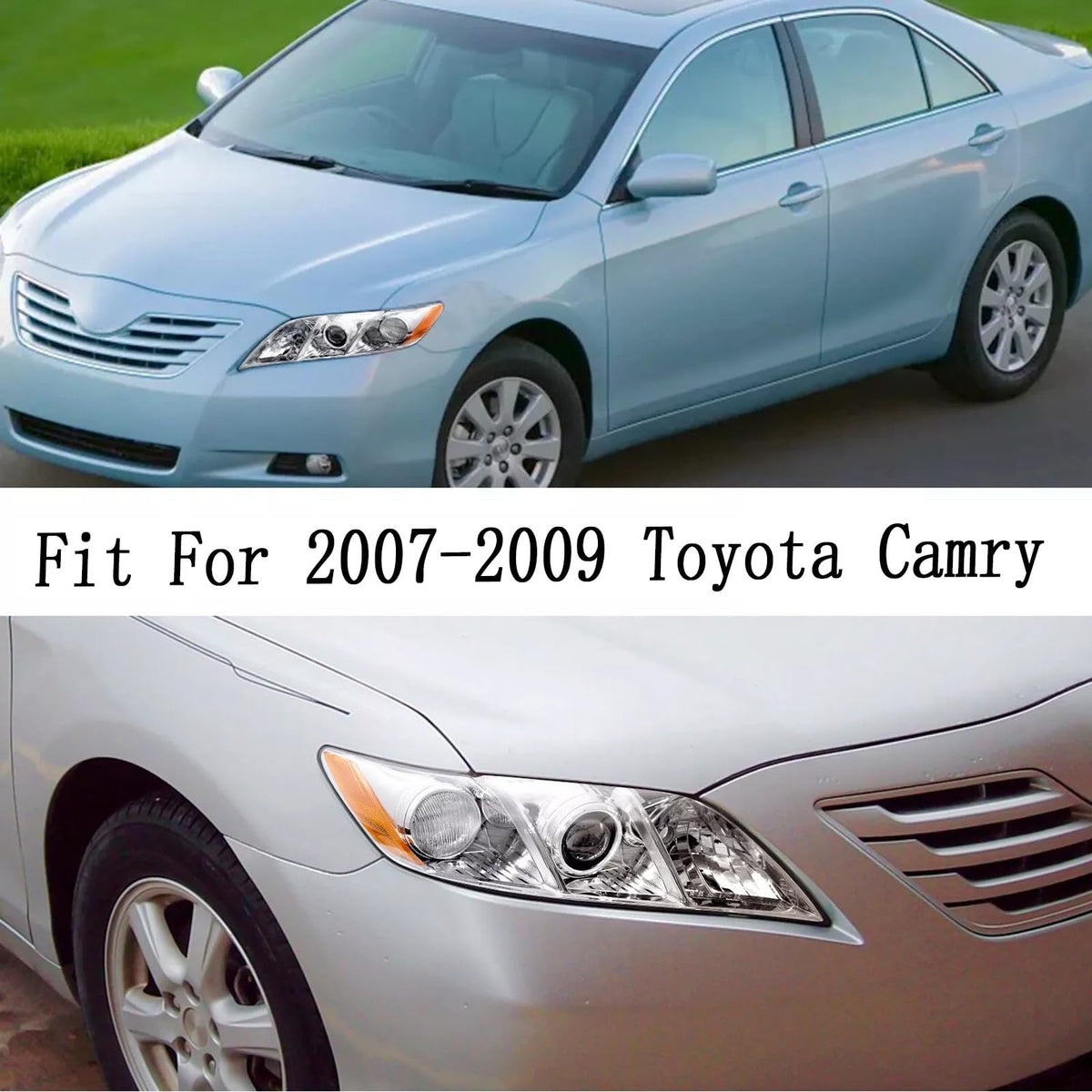 Pair Headlights Assembly Compatible With 2007-2009 Toyota Camry Driver Passenger Side Halogen Chrome Housing Clear Lens C80966