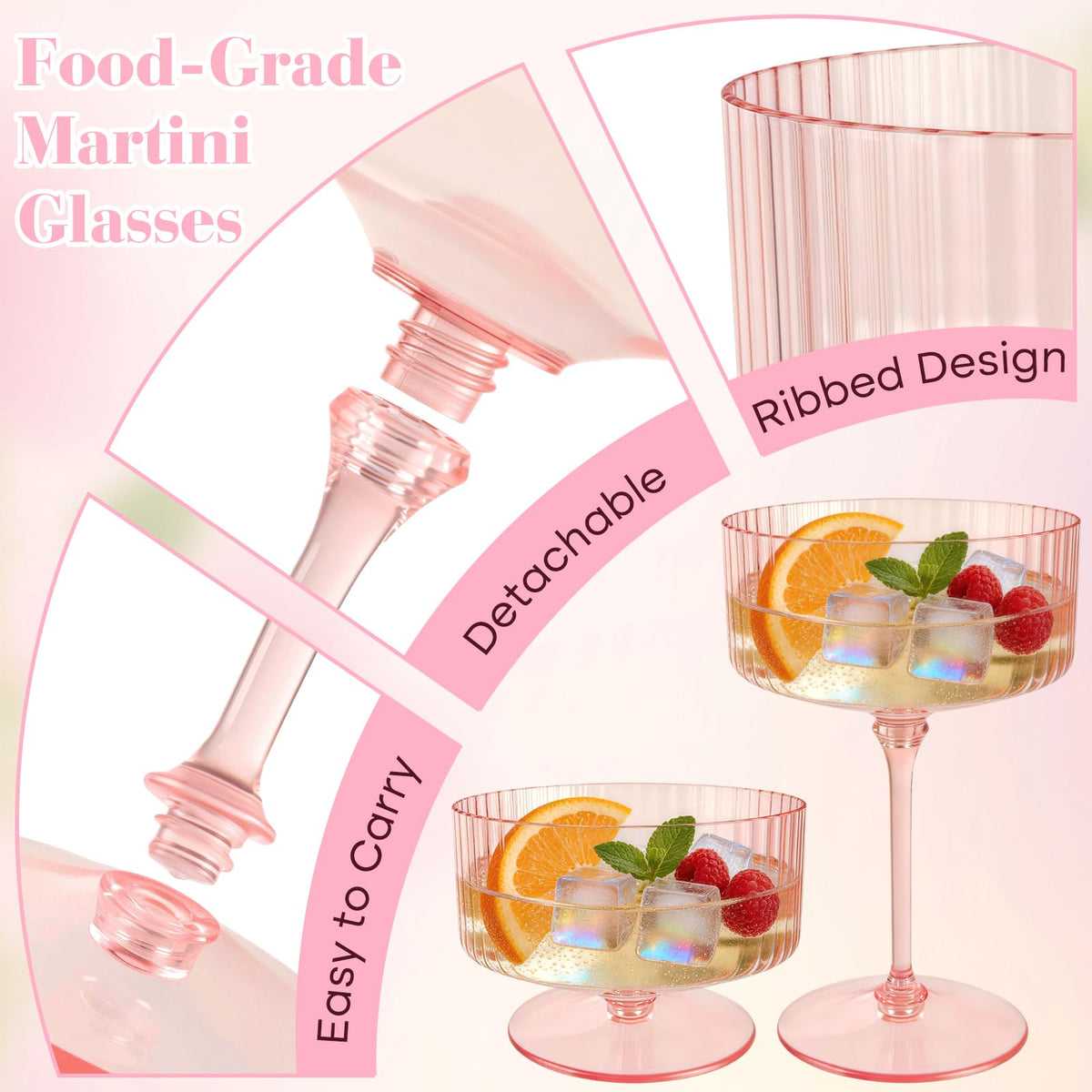 6 Pcs 10 Oz Pink Champagne Martini Glasses Set A16798