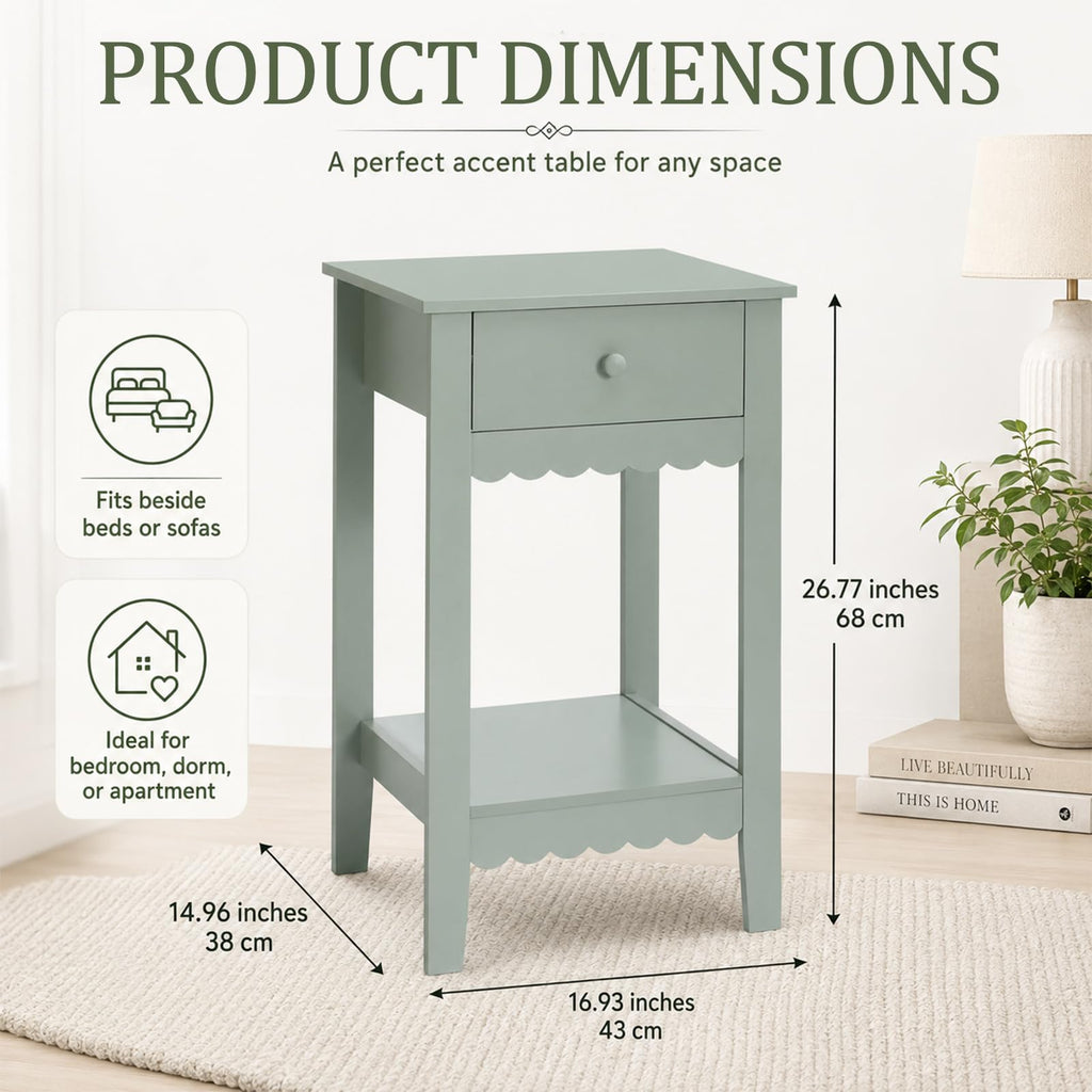 Scalloped Nightstands Side End Table with Drawer & Open Shelf F49307