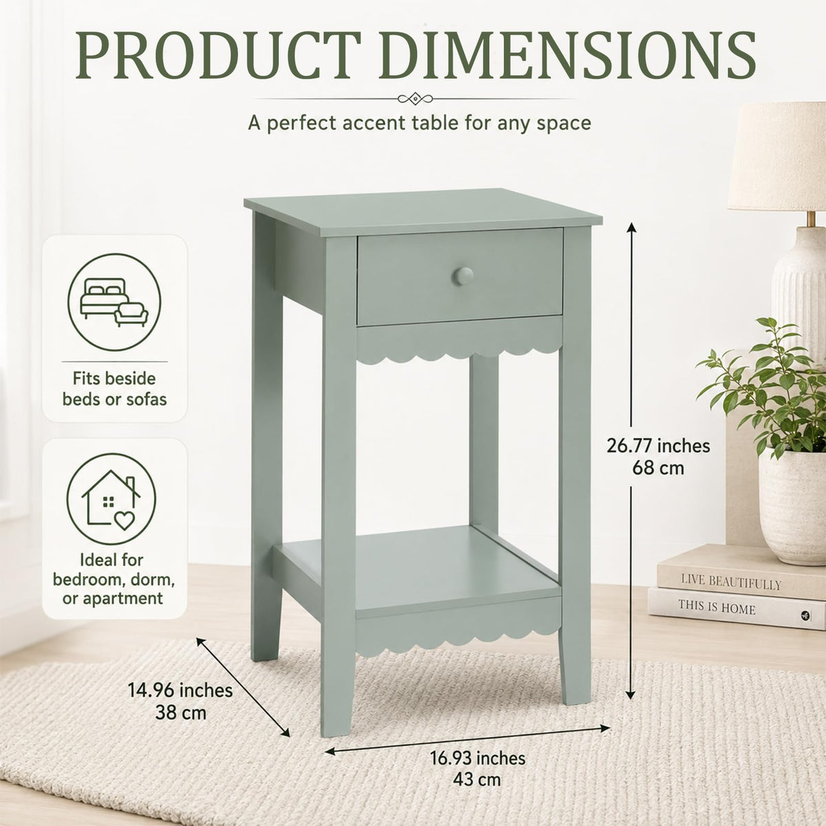Scalloped Nightstands Side End Table with Drawer & Open Shelf F49307