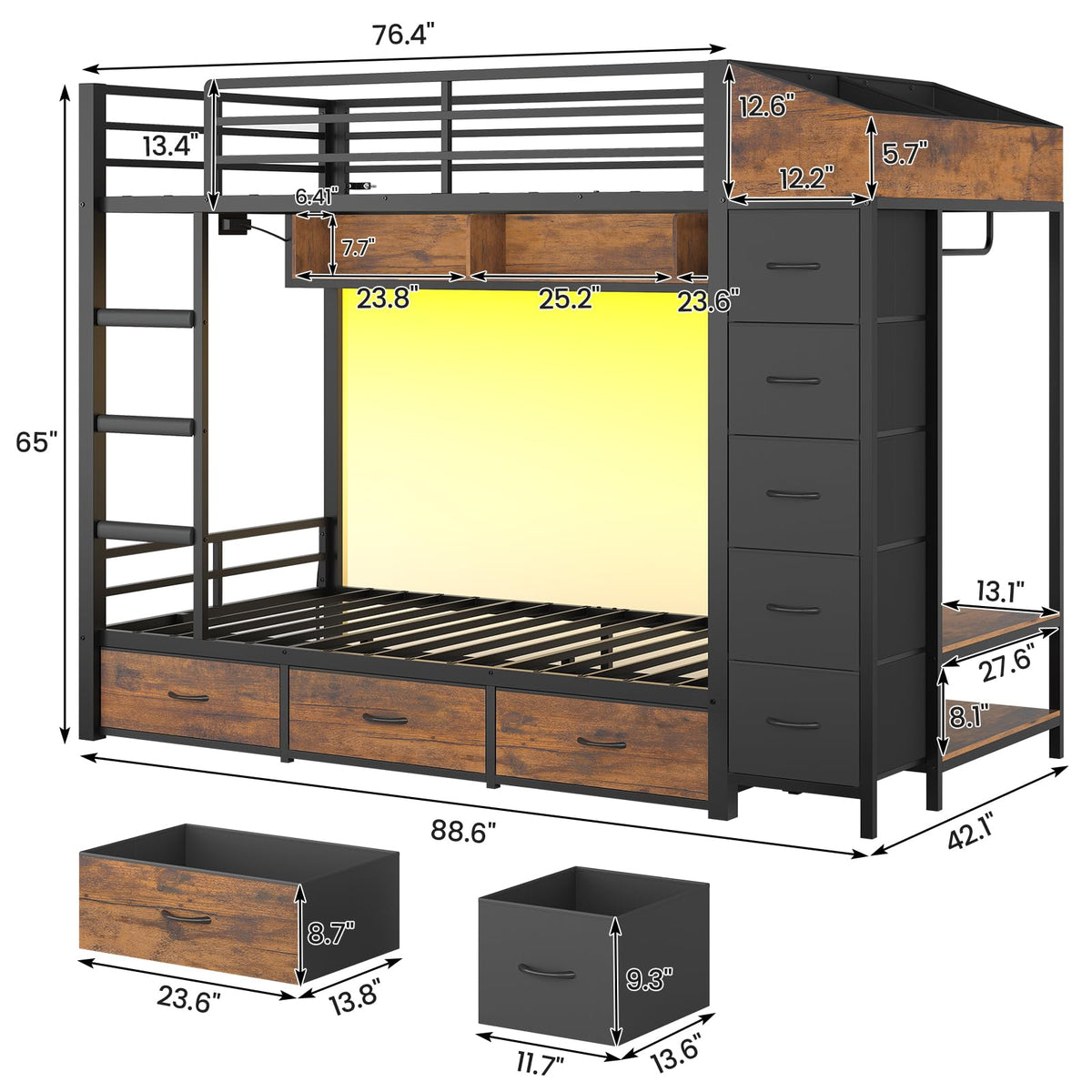 Twin Over Twin Bunk Bed with 8 Storage Drawers and Power Outlets, LED Metal Bunk Bed with Ladder, Black Y52472