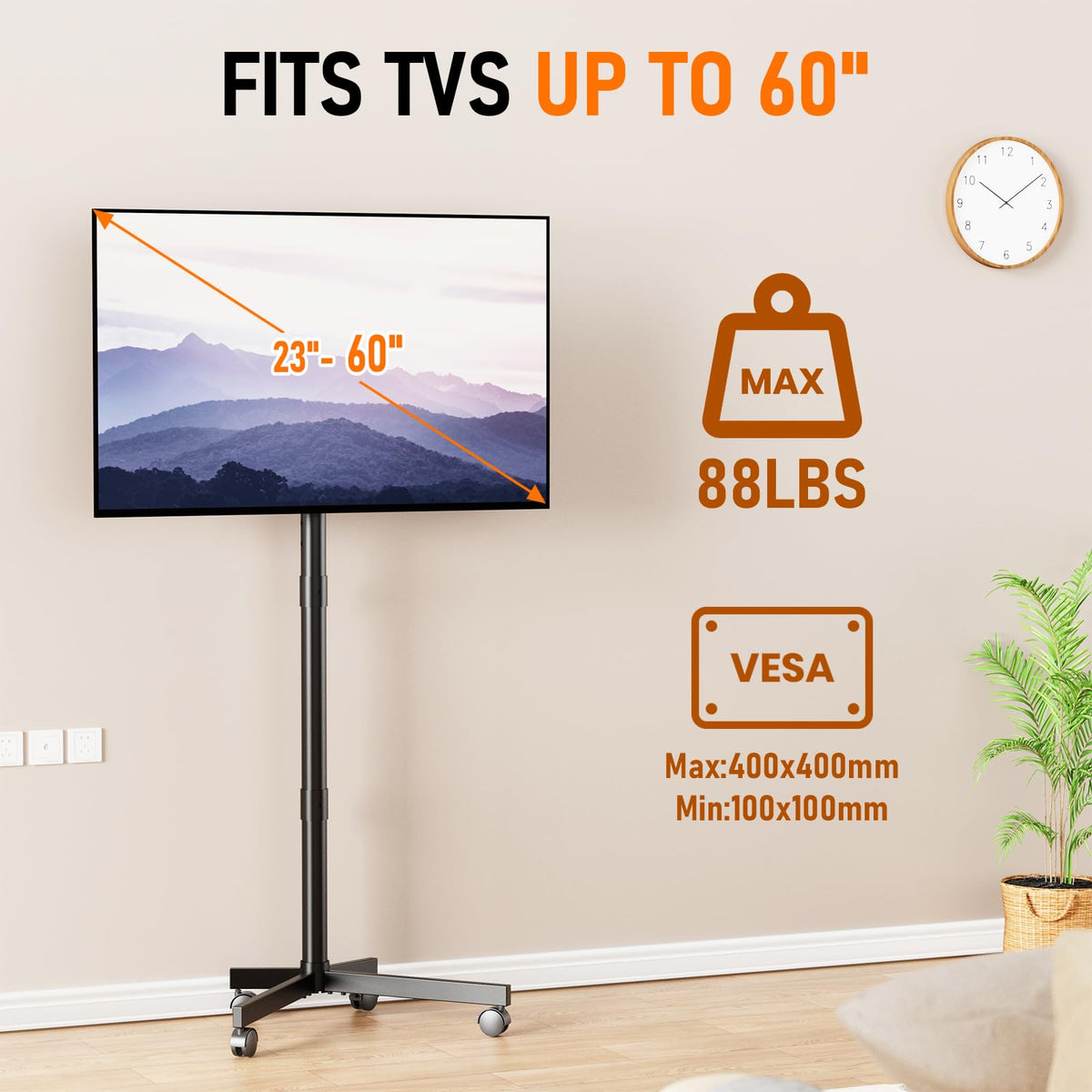 Rolling TV Stand with Locking Wheels, Black E773