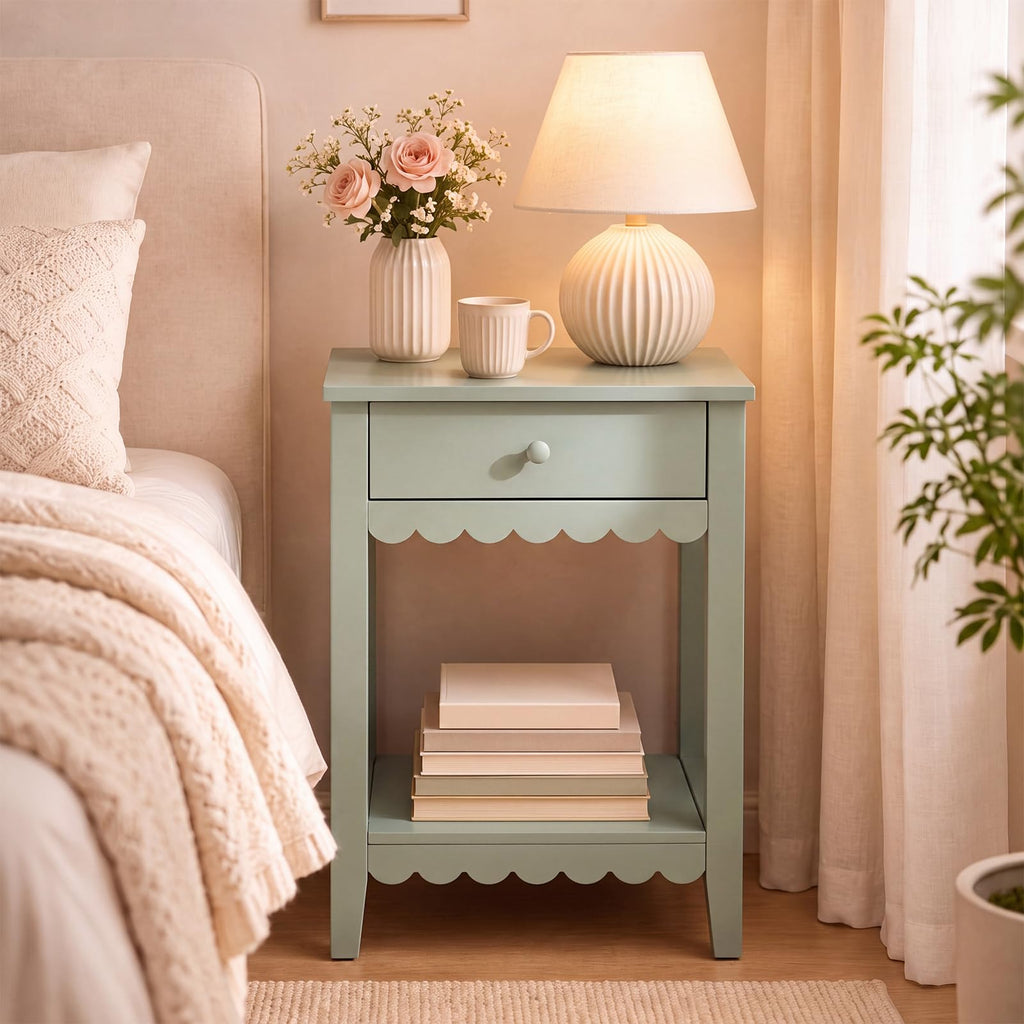 Scalloped Nightstands Side End Table with Drawer & Open Shelf F49307