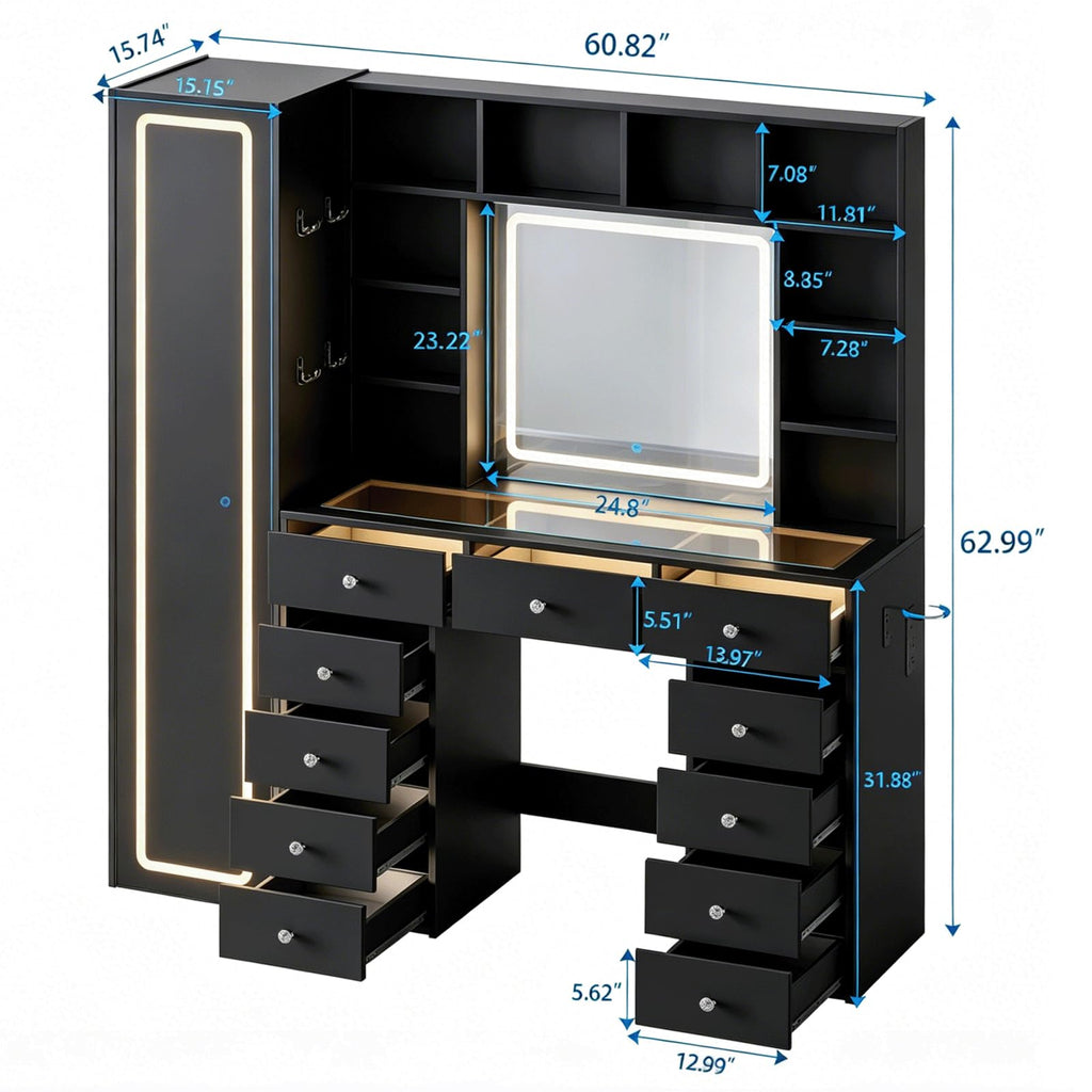 Full Length Mirror Vanity Desk with LED Mirror and 11 Drawers O63216