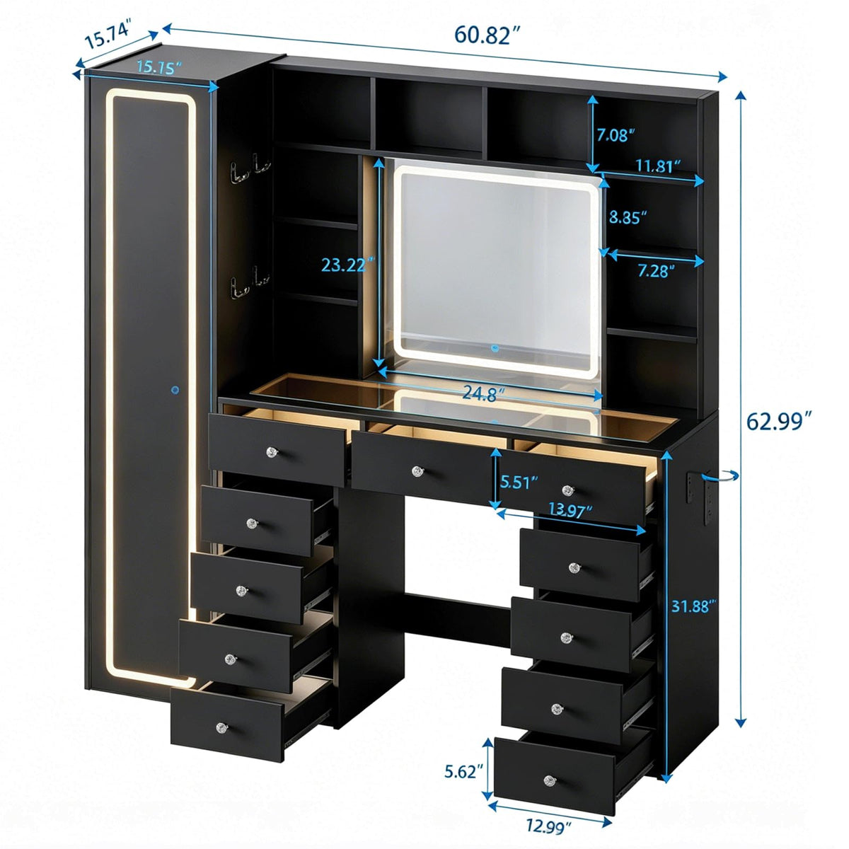Full Length Mirror Vanity Desk with LED Mirror and 11 Drawers O63216