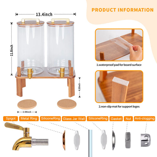 2 Pack 1.5 Gallon Glass Beverage Dispenser with Wooden Lid E54726