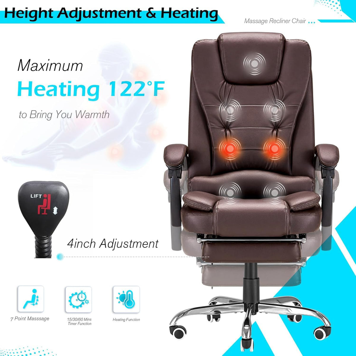 Massage Office Chair with Heat Function & Footrest D5646