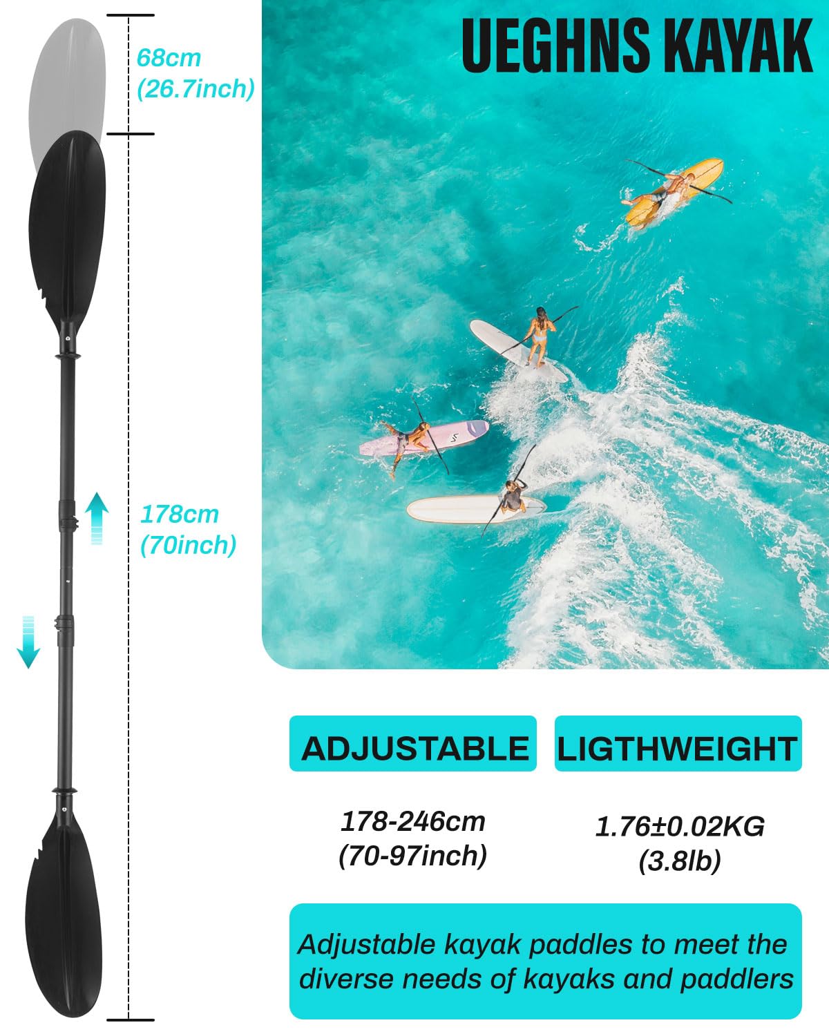 Kayak Paddles with Paddle Leash, 70in-97in Lightweight Paddling Blades V5503