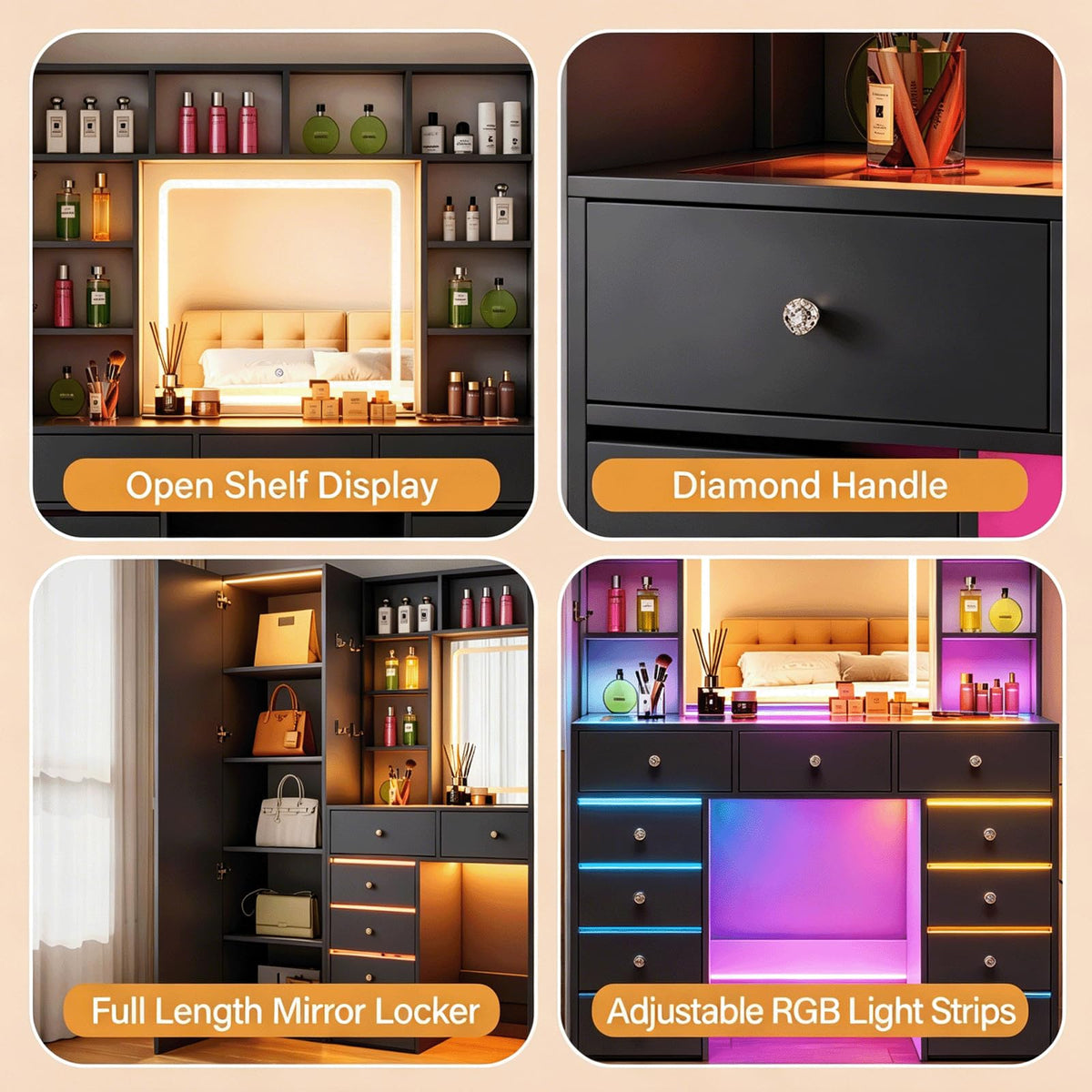 Full Length Mirror Vanity Desk with LED Mirror and 11 Drawers O63216